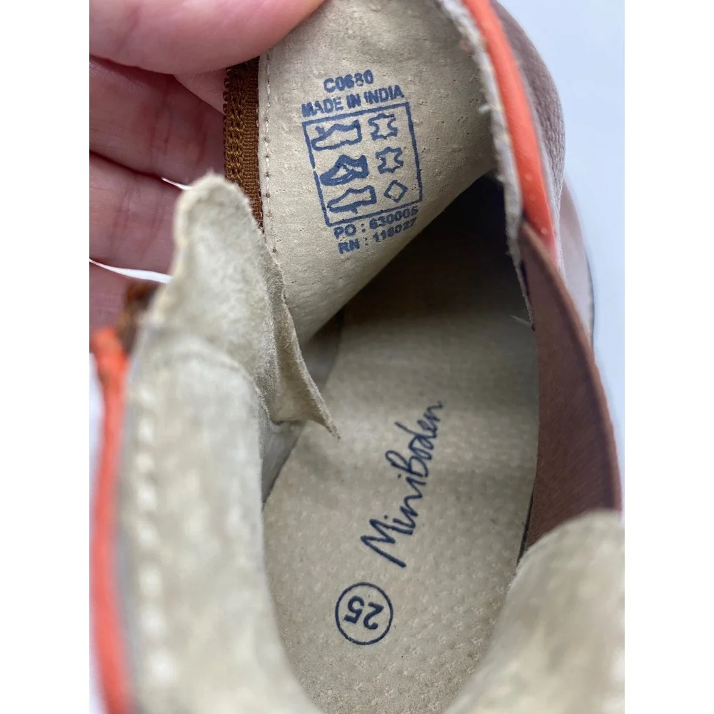 Mini Boden Kids Tan Pebbled Leather Chelsea Boots Orange Trim EU 25 C0680